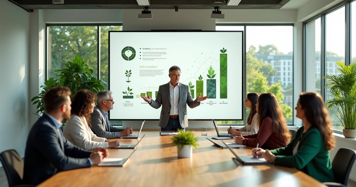 Diverse leadership team in a modern office discussing sustainable and conscious strategy 