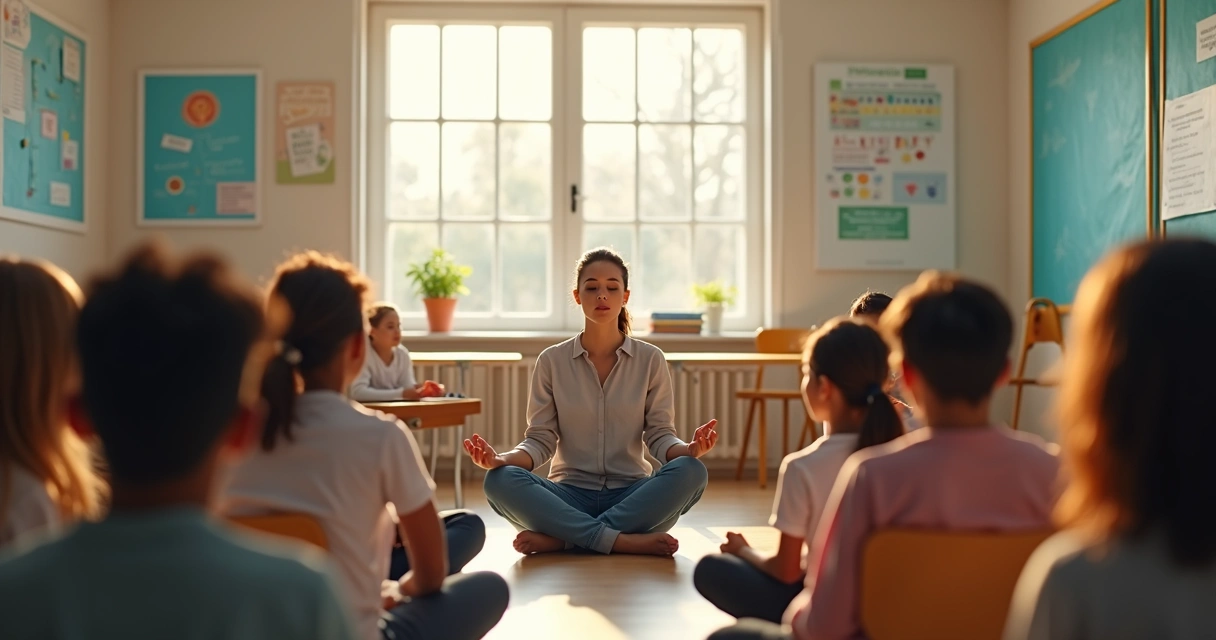 Teacher leading mindful practice in classroom with students seated in a circle 
