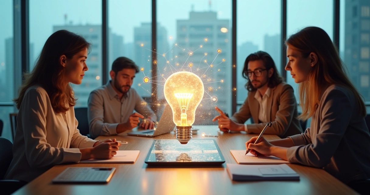 Diverse team in modern office brainstorming around a glowing lightbulb on the table 