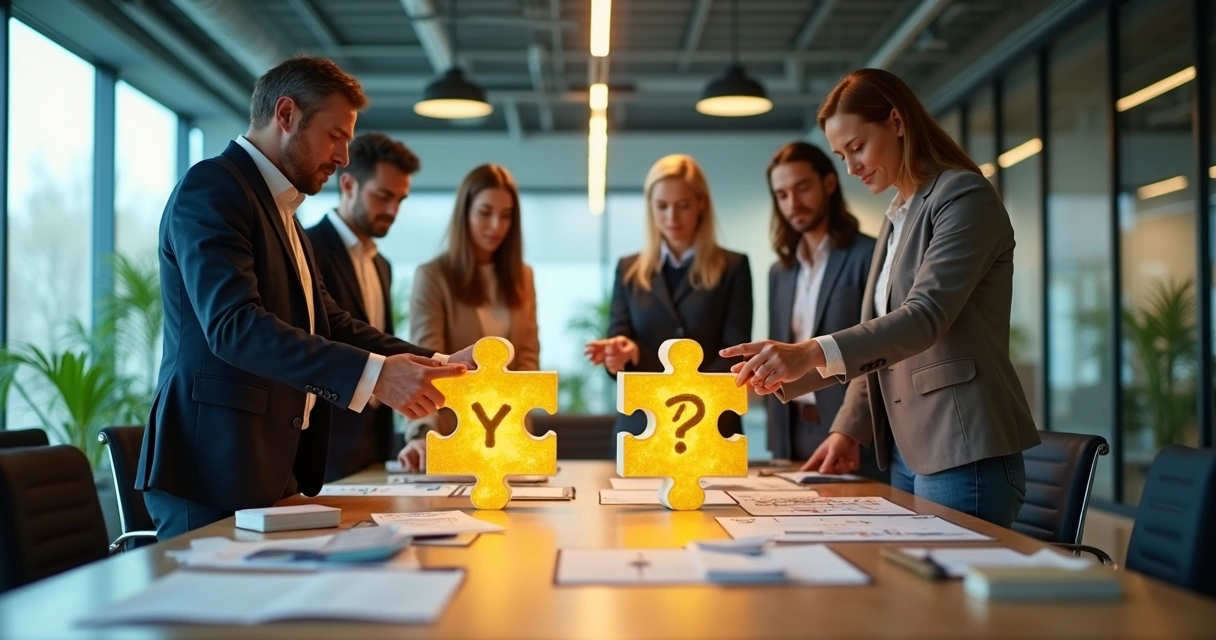 Team assembling a glowing puzzle bridge between offices 