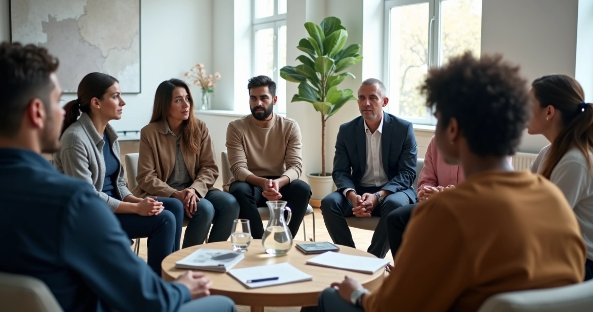 Diverse team in a circle having a conscious discussion in a modern office 