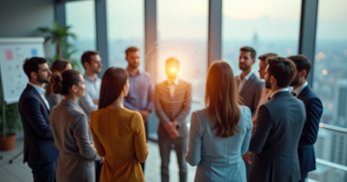 Diverse team in a circle with light connecting their heads 