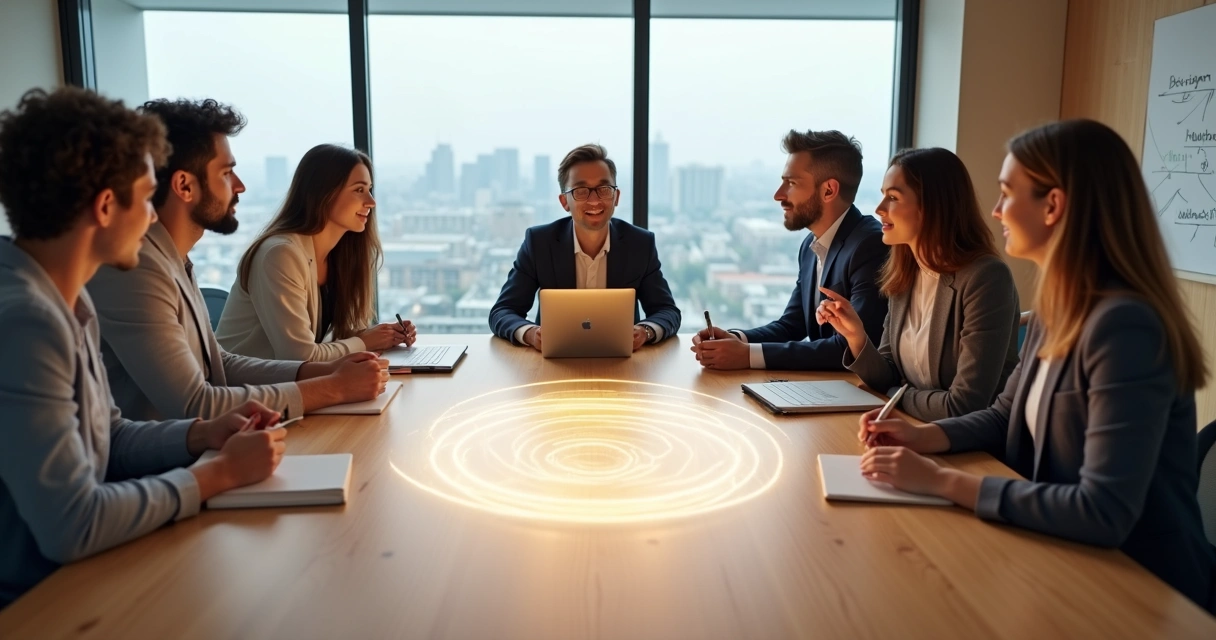 Diverse team in a calm meeting room making a decision together around a table 