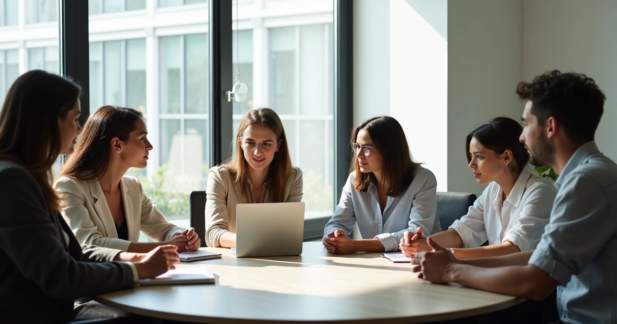 Diverse work team having a focused discussion around a round table 