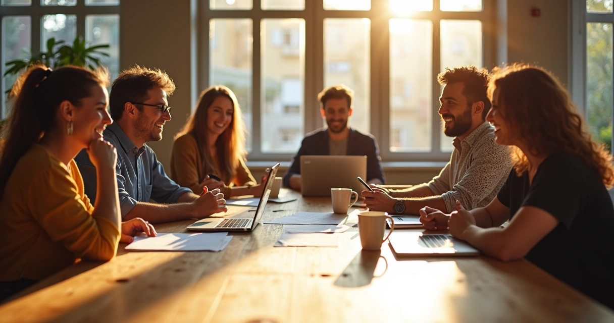 Team of diverse coworkers in a relaxed meeting discussing ideas around a table, with sunlight filtering through windows. 