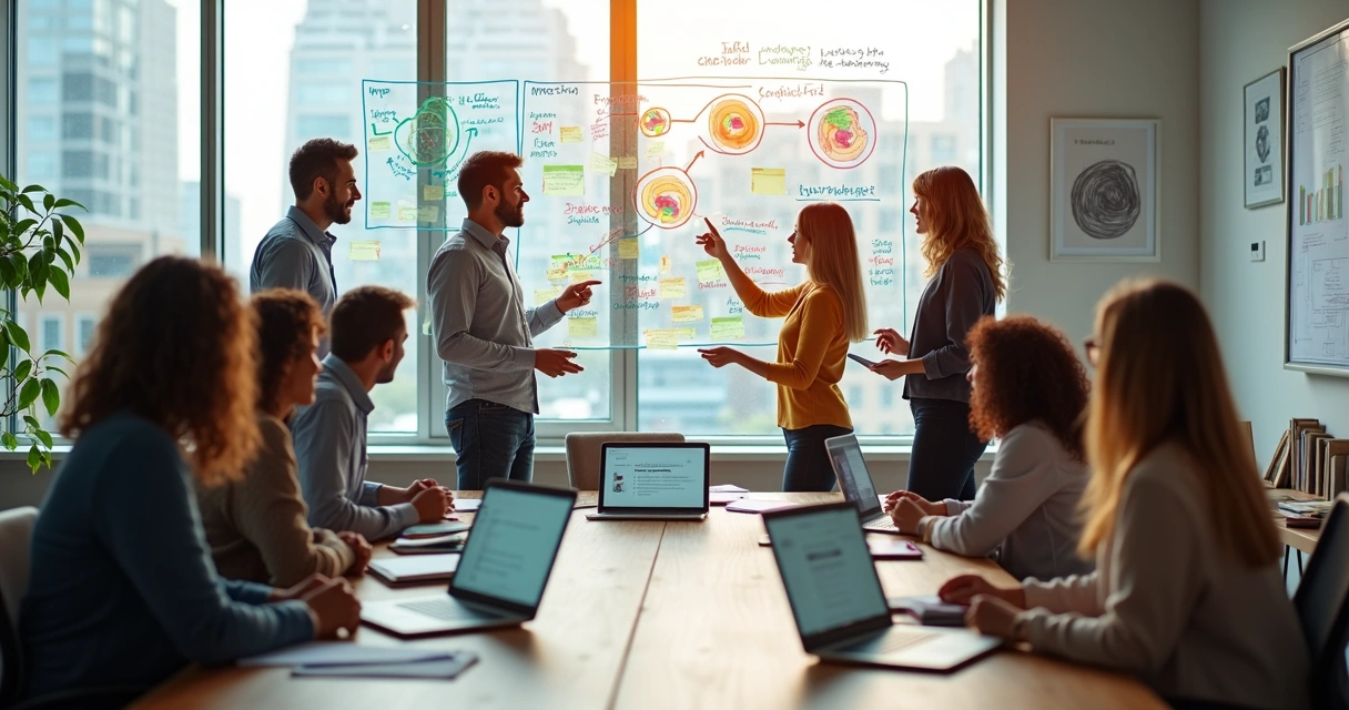 Diverse team in a workshop mapping conscious impact on a glass wall 