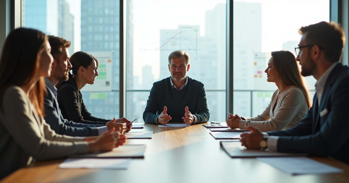 Team leader addressing coworkers with mirrored body language around a conference table 