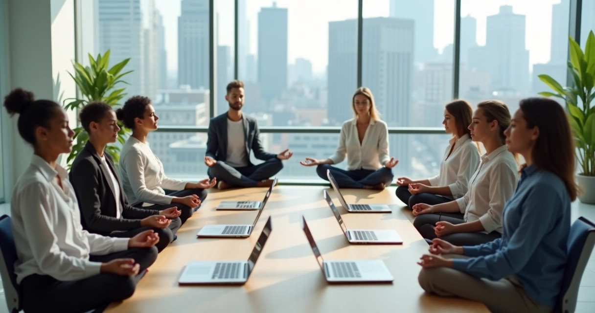 Diverse team meditating together in a modern office meeting room 