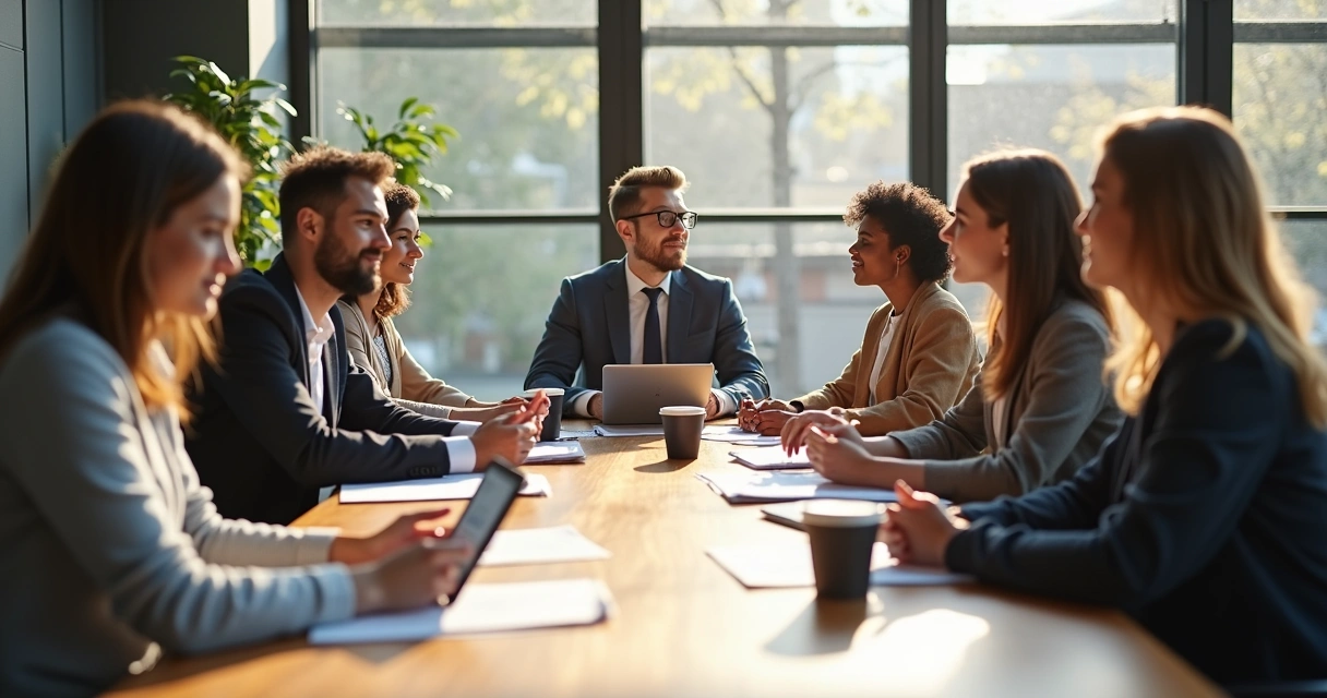 Diverse team in discussion around a table, some reflecting, others contributing ideas