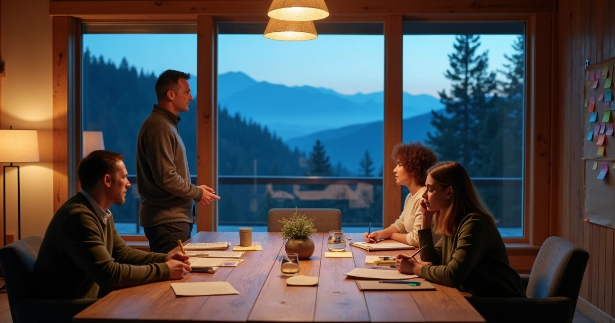 Project team reflecting together around a wooden table in a mountain lodge 