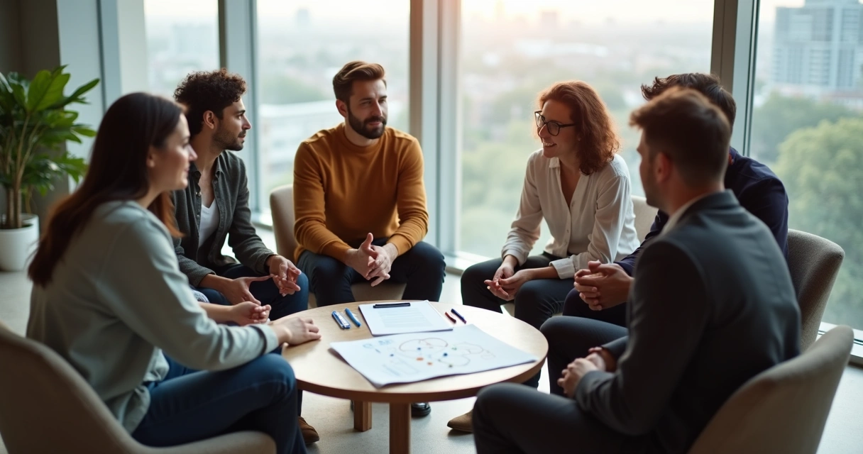 Diverse team in a circle meeting building trust in a calm office 