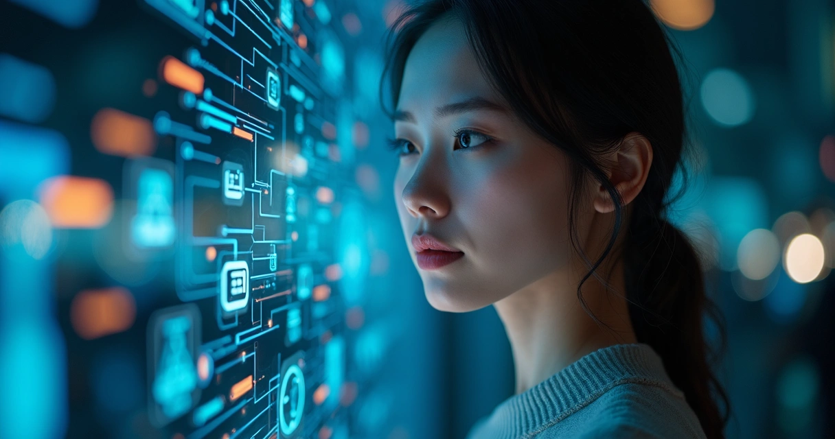 Human face partly merging with technology lines and screens 