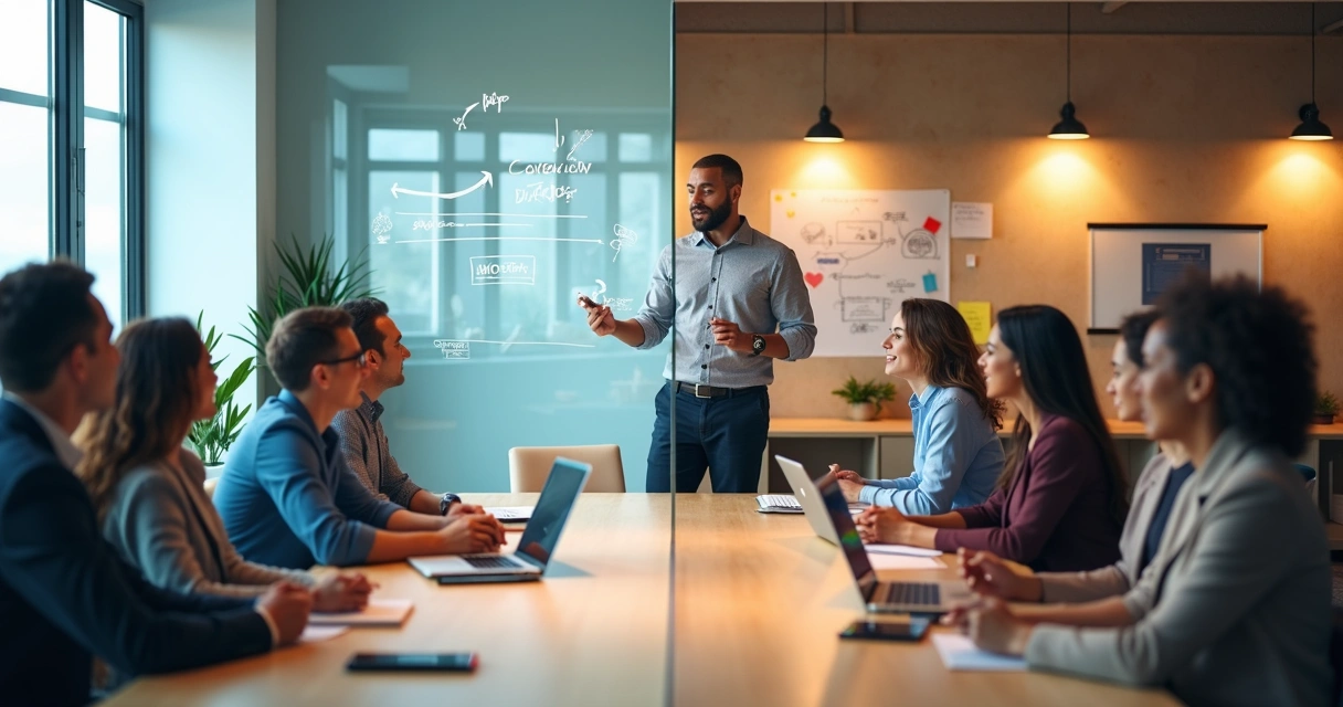 Split composition contrasting conscious leadership and emotional leadership in a modern office setting 