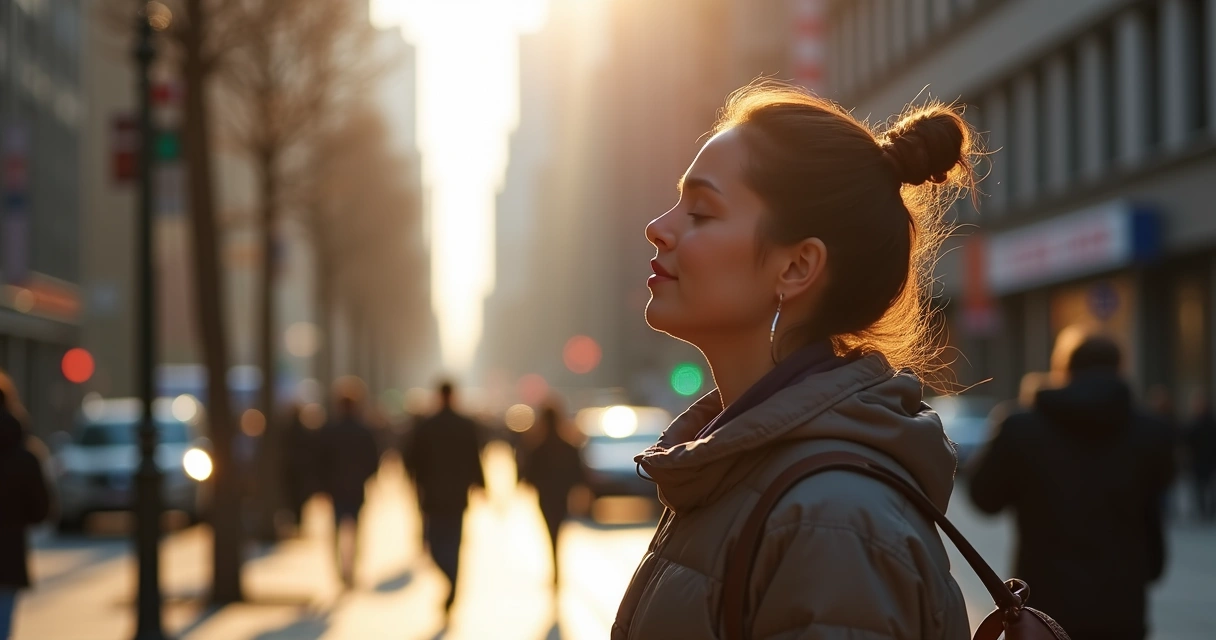 Person walking in city focusing on breath 