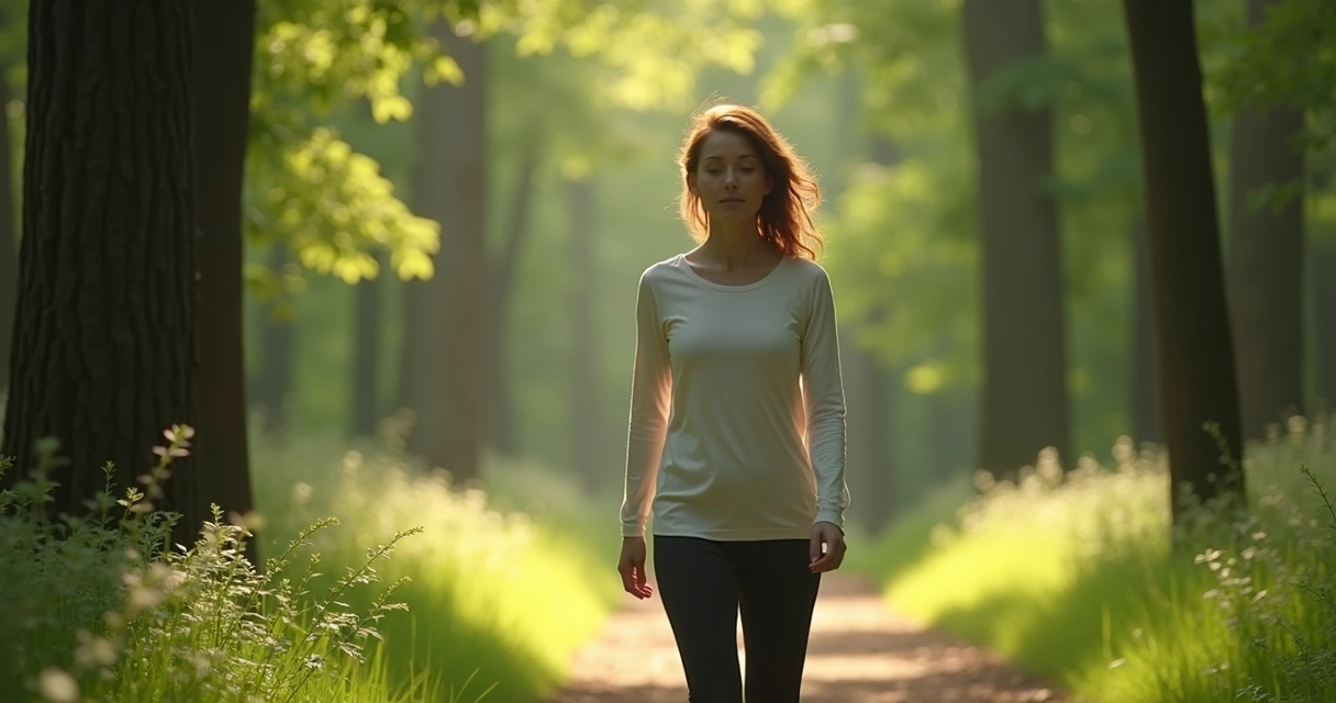 Person walking on green forest path mindfully 