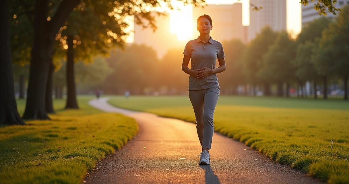 Person walking mindfully through a city park path at sunrise 