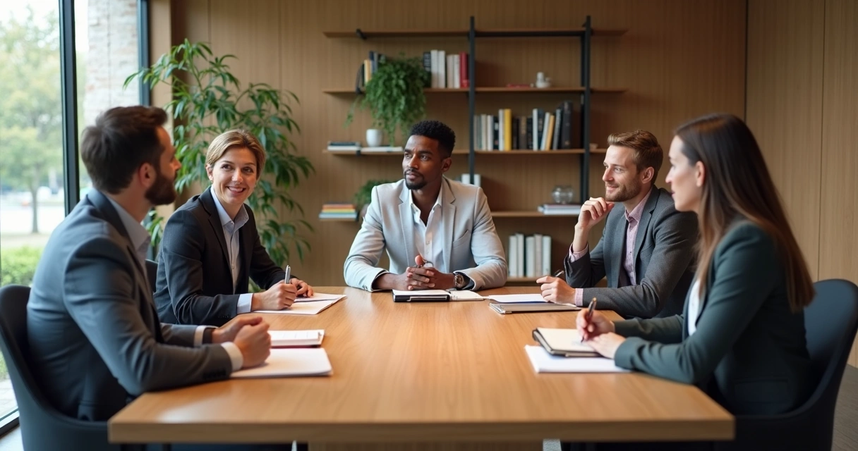 Colleagues in a meeting sitting around a table, visibly attentive and present.