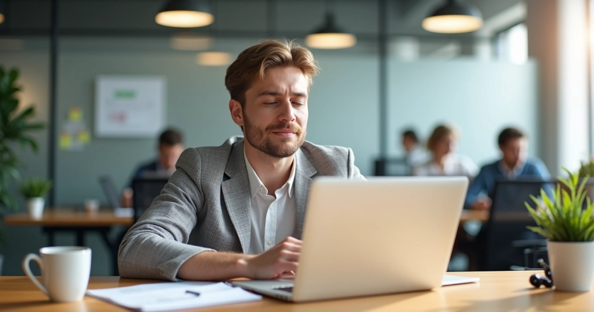 Professional balancing work at desk with calm mindful expression 