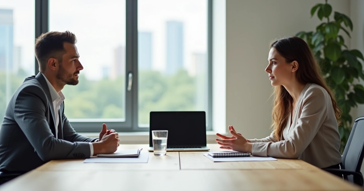 Two colleagues in a calm meeting room using conscious communication to resolve tension 