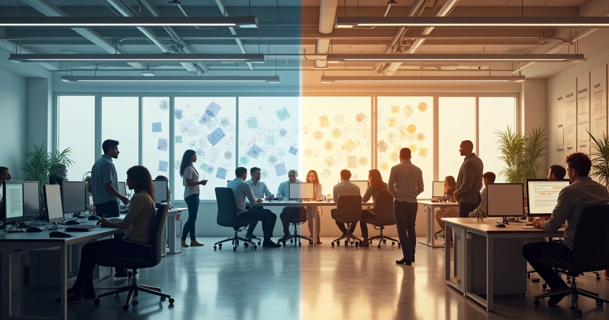 Team in modern office moving from chaotic to focused collaboration 