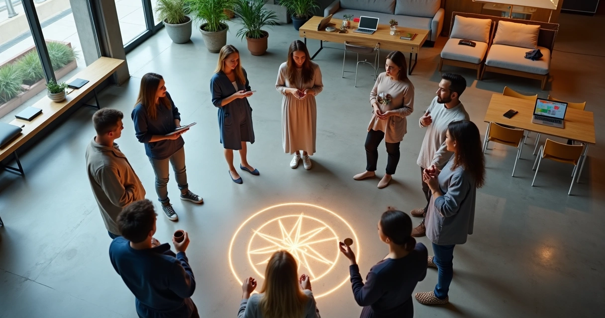 Team standing in a circle around a glowing symbol on an office floor 