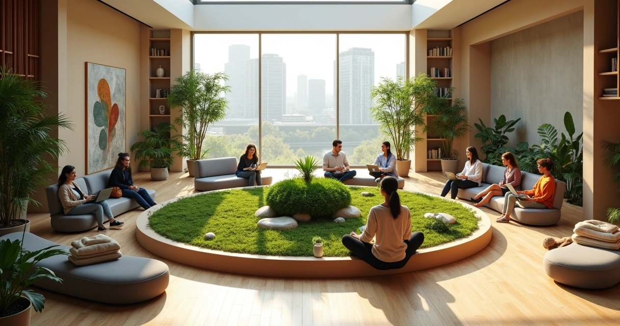Hybrid office lounge with circular seating and indoor garden seen from above 