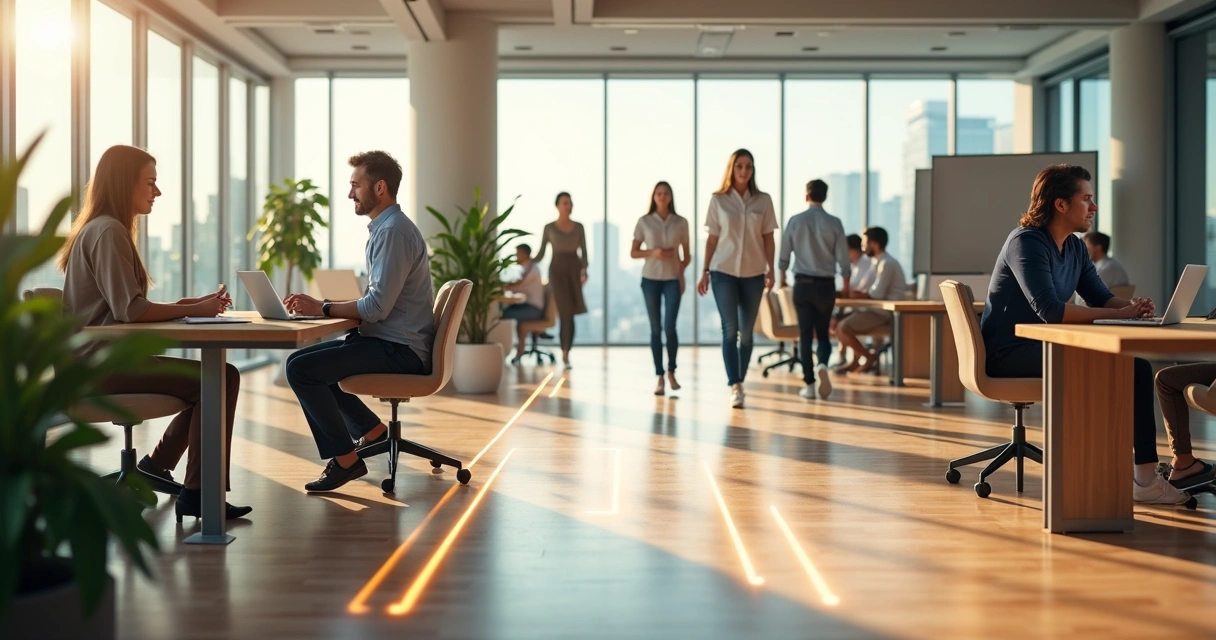 Modern workspace with luminous paths connecting desks and people 