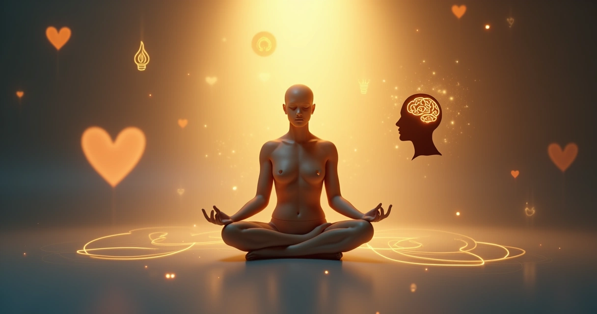Human figure in meditation surrounded by symbols for emotions and thought