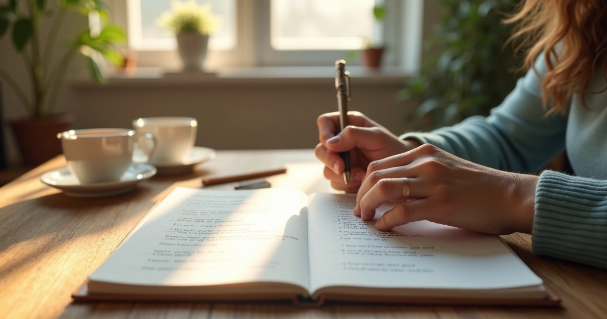 Hands journaling with a cup of tea on a sunlit wooden table, journal open, serene background 