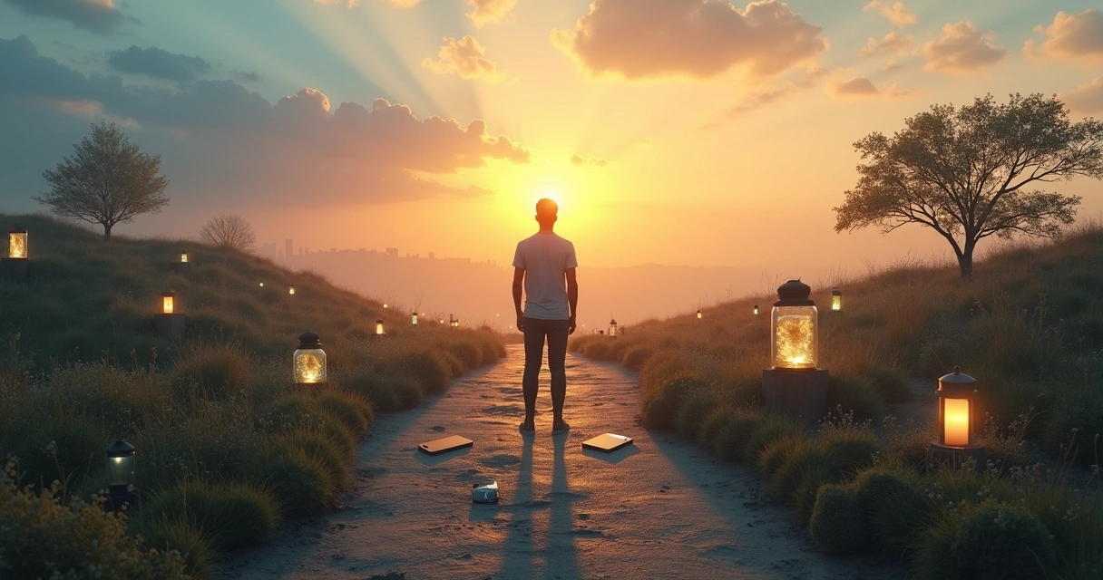 Person at a crossroads between chaotic path and clear mindful path 