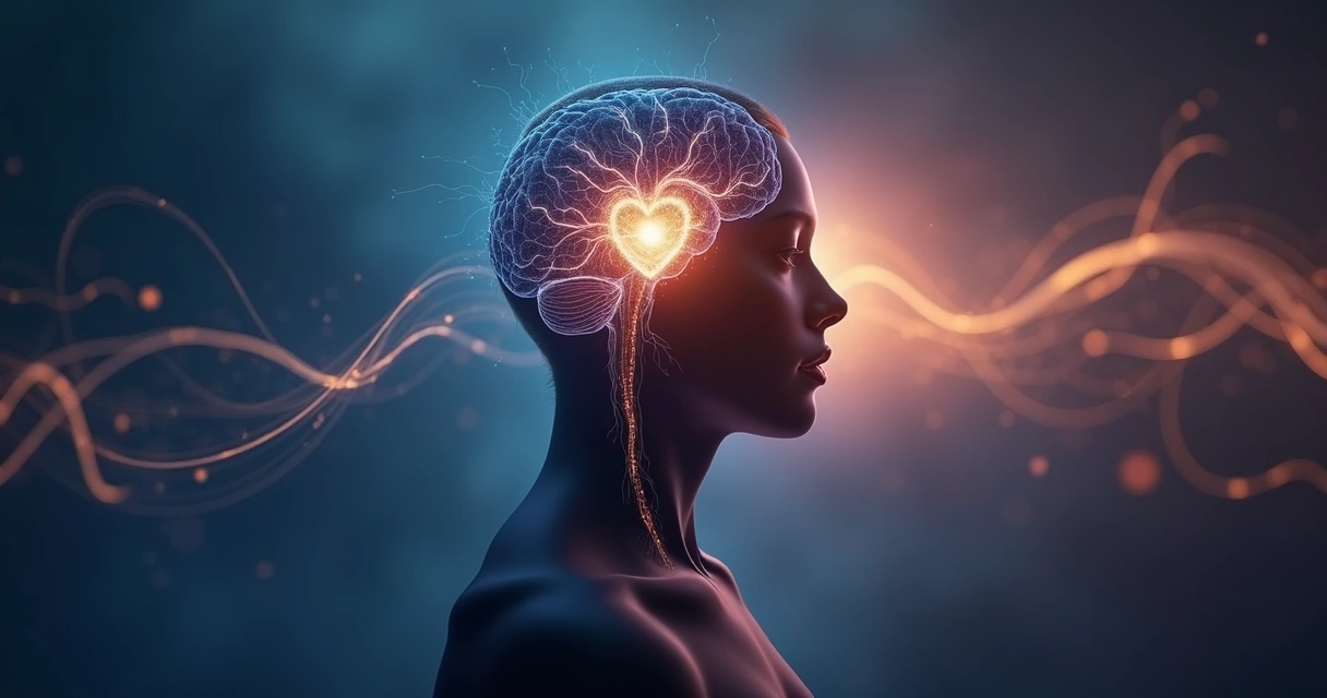 Human silhouette with brain and heart connected by flowing light 