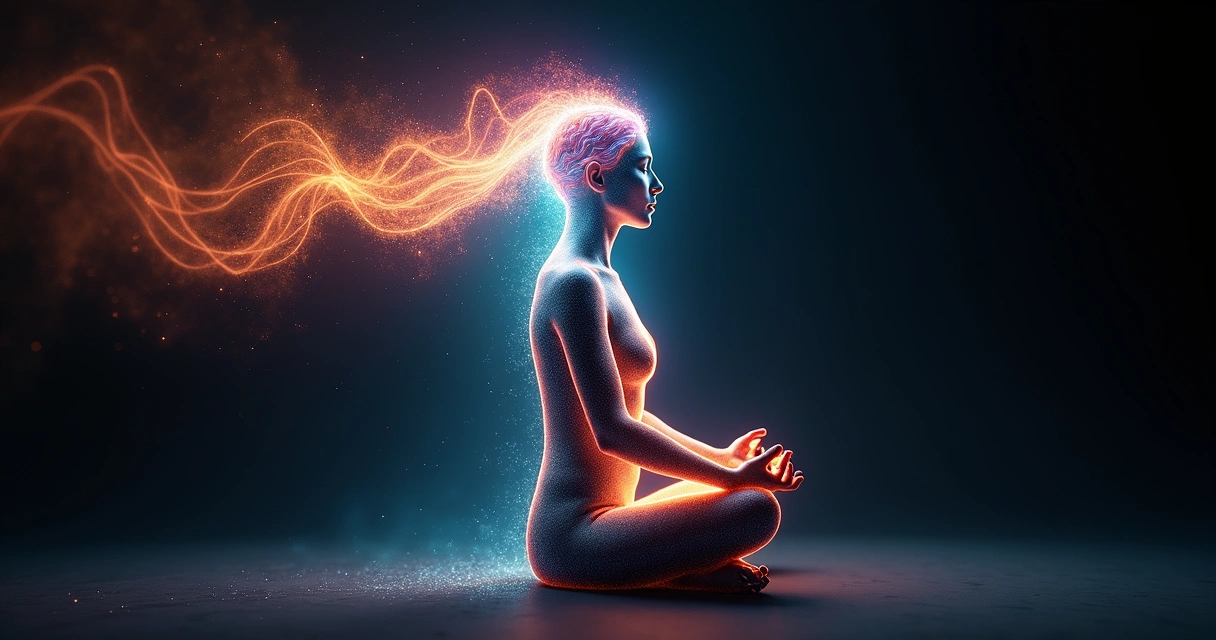 Abstract visualization of radiating human consciousness, colorful energy flowing from a person 