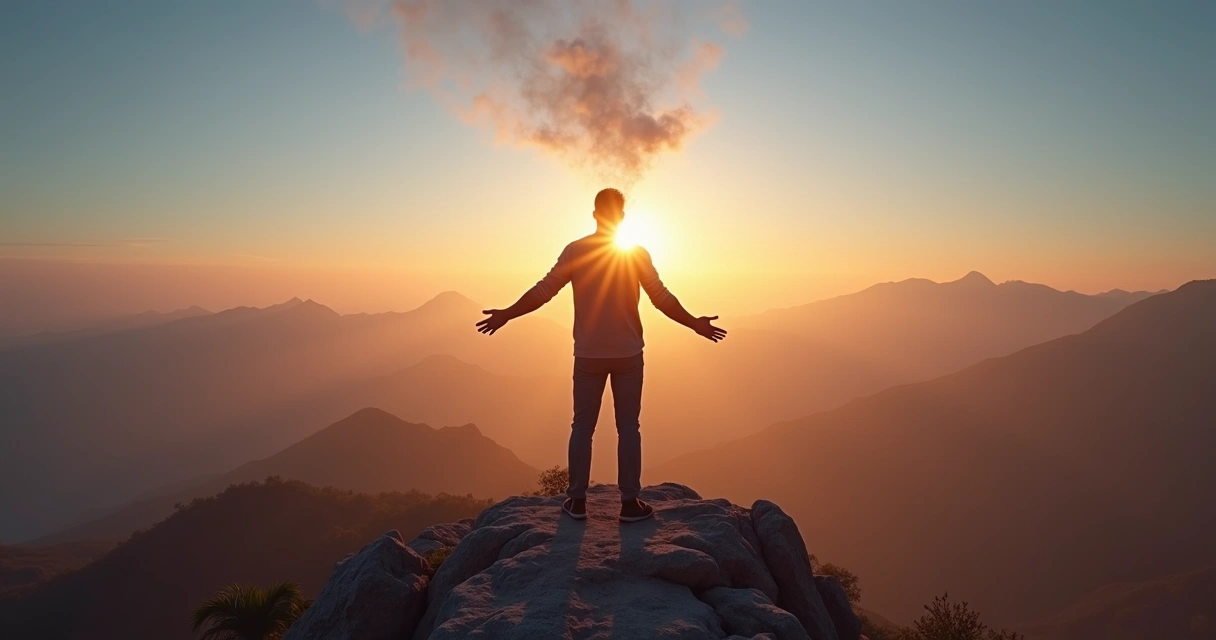 Person standing on a mountain at sunrise breaking invisible chains around the head 