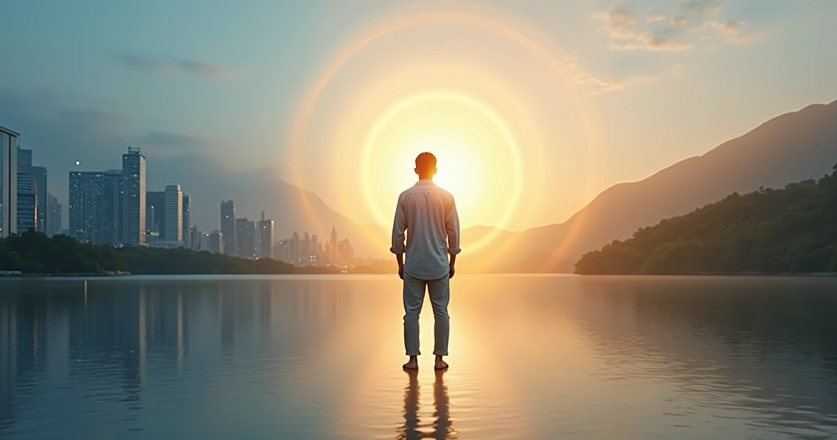 Person standing between city and nature with radiating light from the chest 