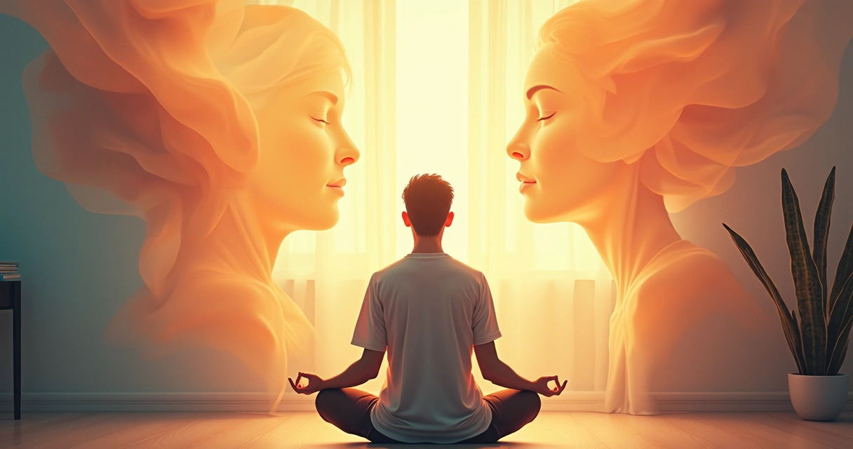 Illustration of a person meditating surrounded by flowing shapes representing emotions, thoughts and actions in harmony. 