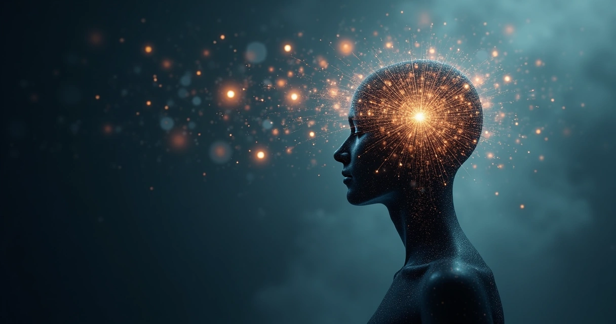 Abstract human silhouette surrounded by glowing interconnected concepts and symbols 