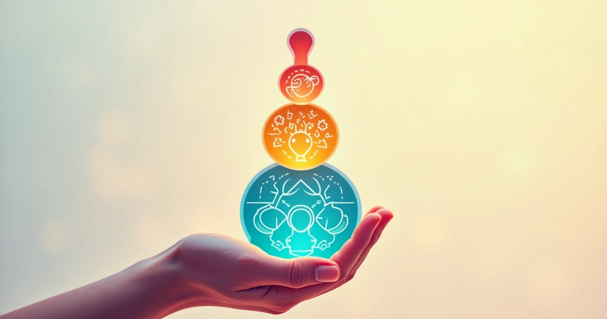 Conceptual illustration of the layers of consciousness, with colors and icons representing self-awareness, emotional literacy, systemic awareness, and responsible action 