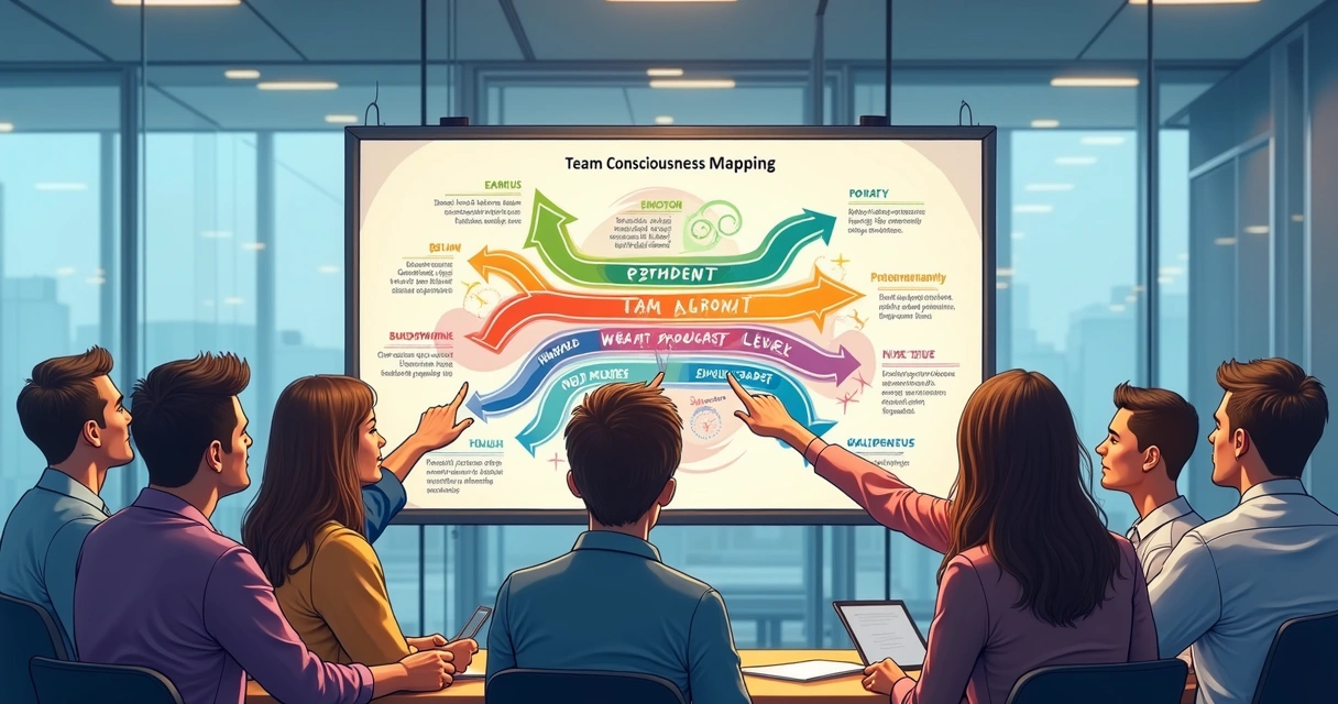 Colorful diagram illustrating stages of team consciousness mapping