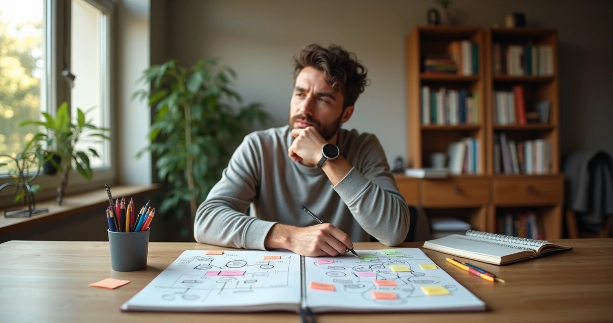 Person mapping consciousness with diagrams and light paths on a desk 
