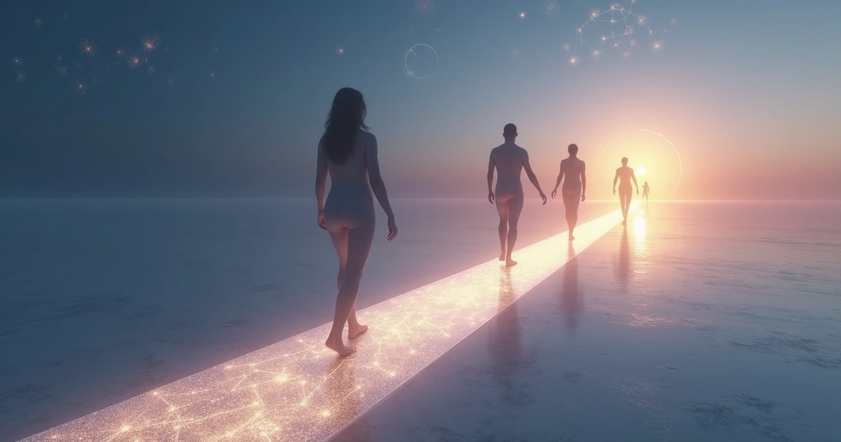 Person on luminous path with layered silhouettes symbolizing consciousness maturity 