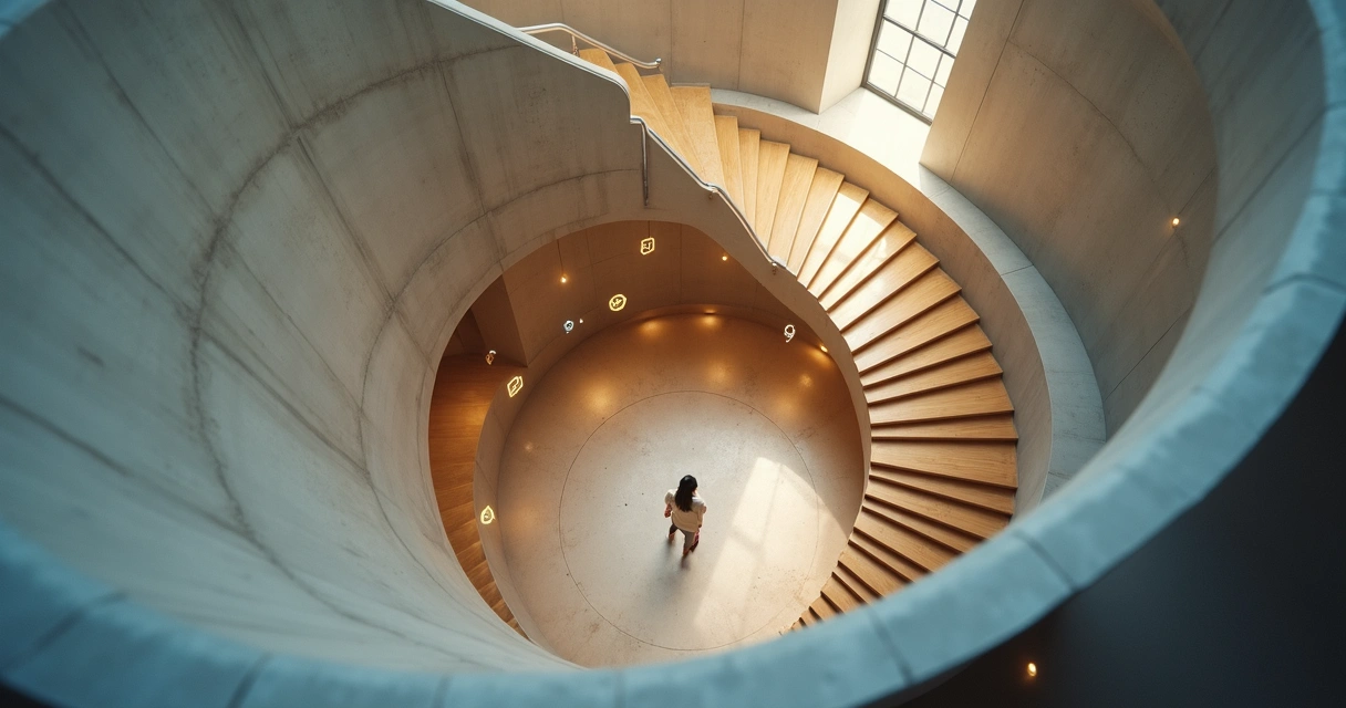 Person on spiral staircase surrounded by glowing symbols of consciousness growth 