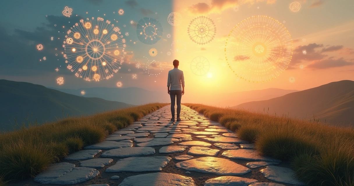 Person standing at a crossroads between chaotic symbols and clear meaningful patterns 