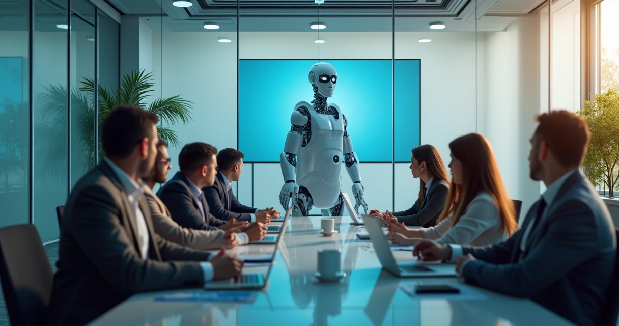People seated around a boardroom table with repetitive presentation slides in the background