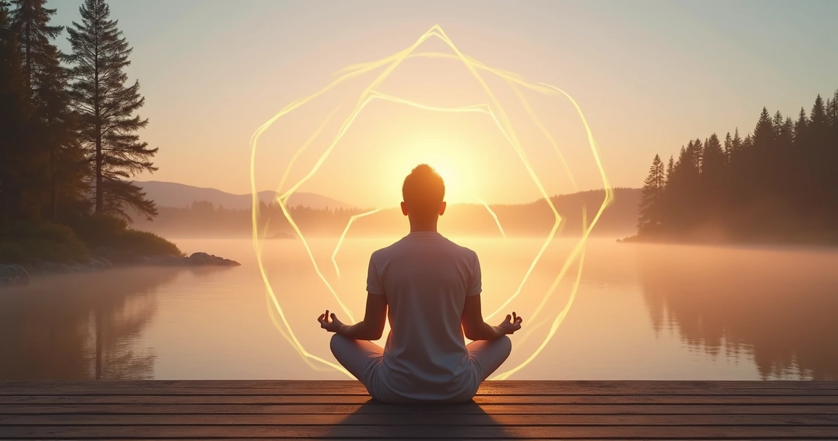 Person meditating at sunrise surrounded by subtle energy patterns 