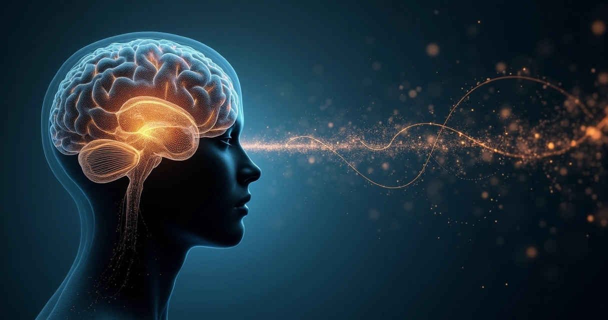 Human head silhouette with layered brain and paths of light connecting emotion and motivation 