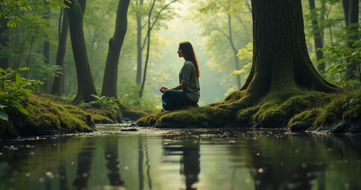 Woman looking at her reflection in a pond surrounded by greenery. 