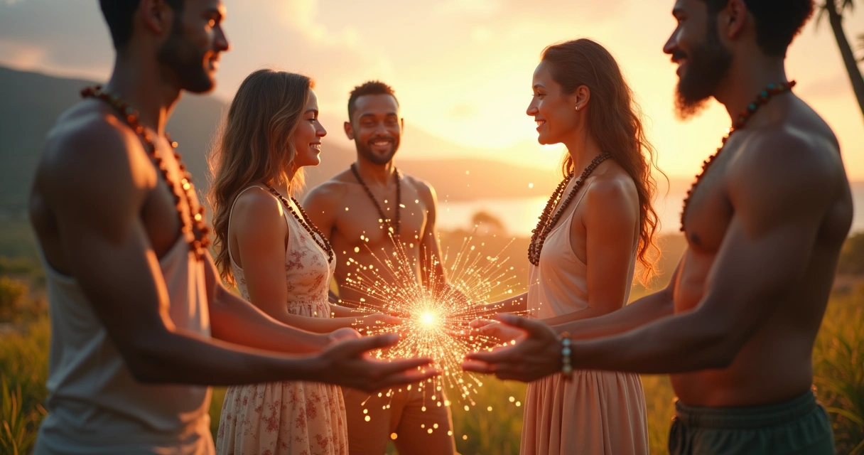 Illustration of people connected by colorful flowing lines representing relationships and consciousness. 