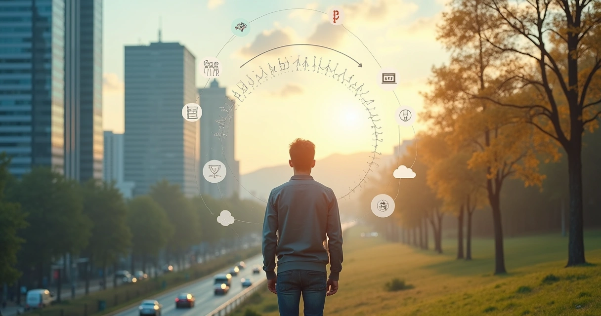 Person in a split city and nature scene with subtle symbols of six life factors 