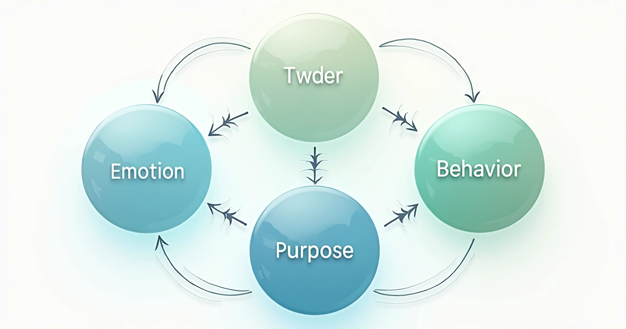 Diagram showing interconnected elements: emotion, consciousness, behavior, and purpose 