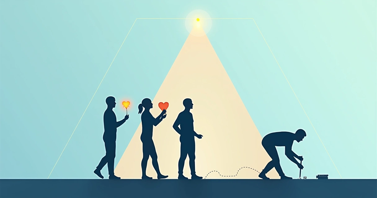 Illustration of three human silhouettes in a triangle formation, each symbolizing experience, reflection, and construction 